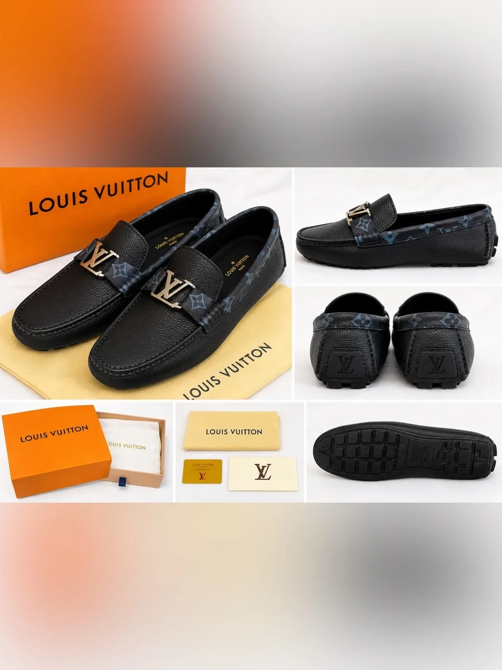 Louis Vuitton Black Loafers with Blue Monogram Strap and Gold LV Buckle